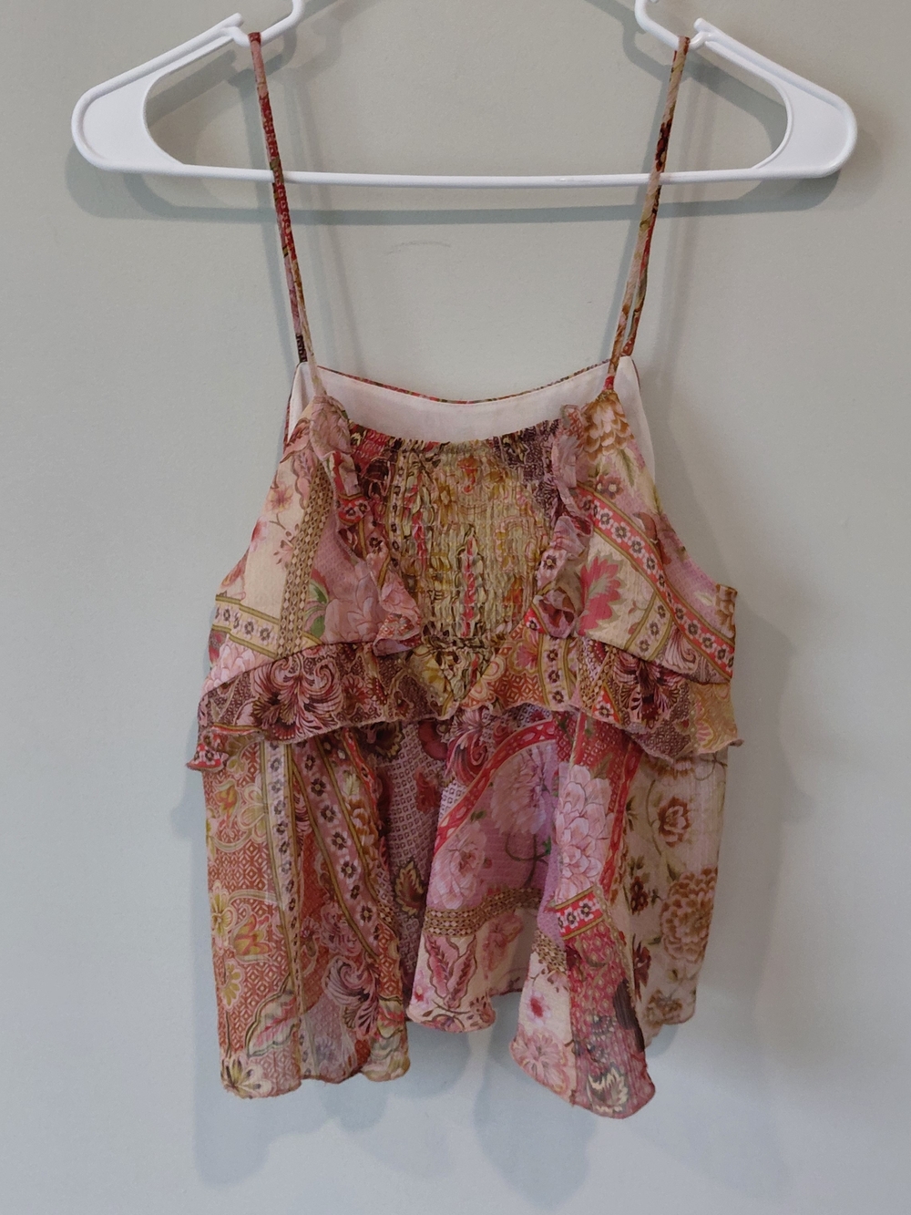 Boho Floral Paisley Ruffle Tank Top in Pink and Cream